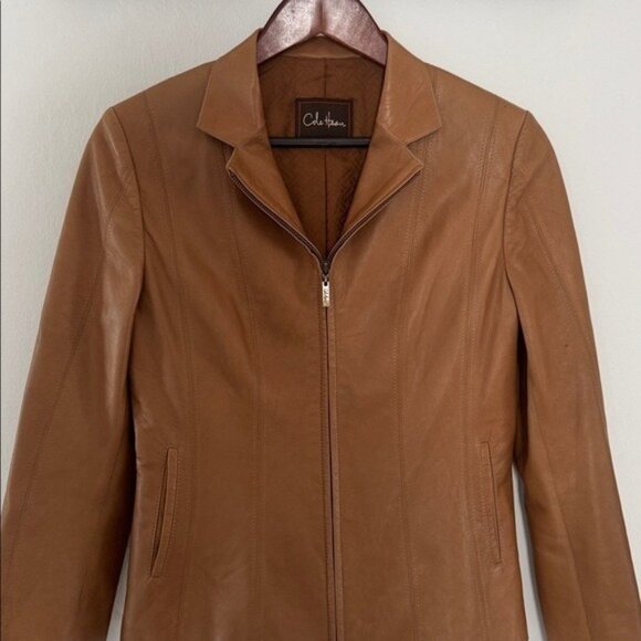 Cole Hann Lambskin Leather Jacket Womens Small Full Zip Tan - Picture 4 of 16
